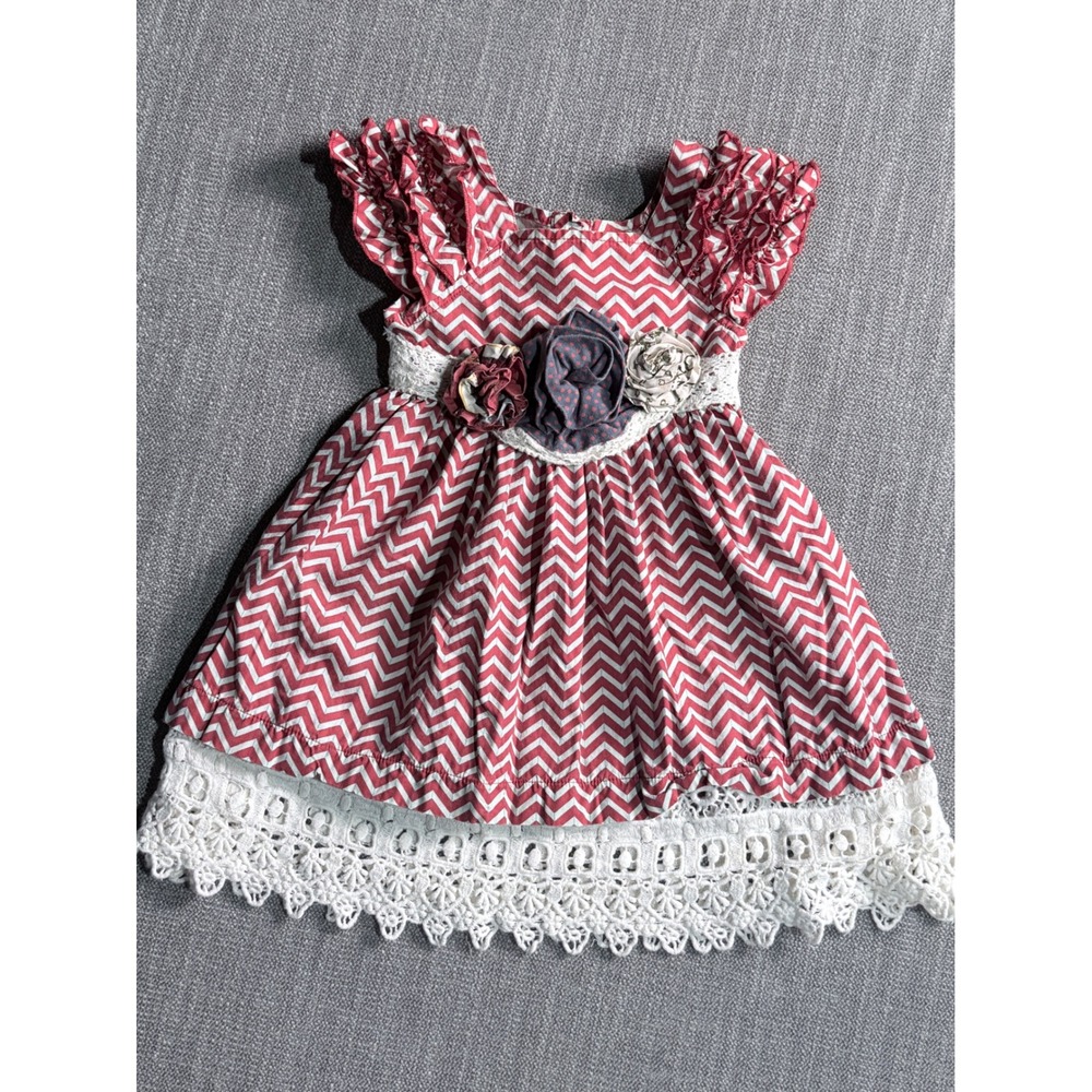 Mustard Pie Red Chevron Lace Rosette Ruffle Dress Toddler Girls 18M
